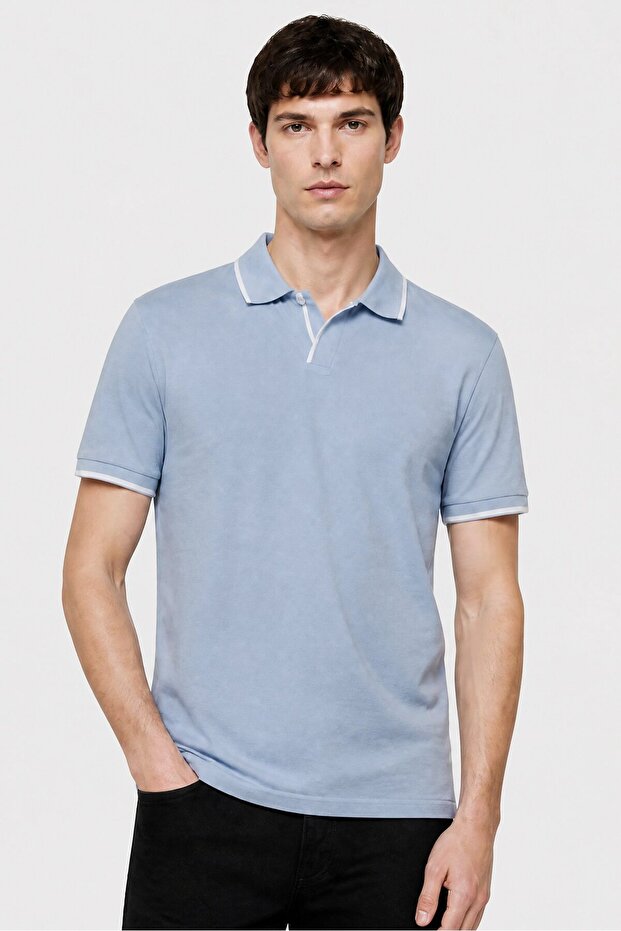 Men Regular Fit Solid Short Sleeve Polo Shirt, Steel Blue