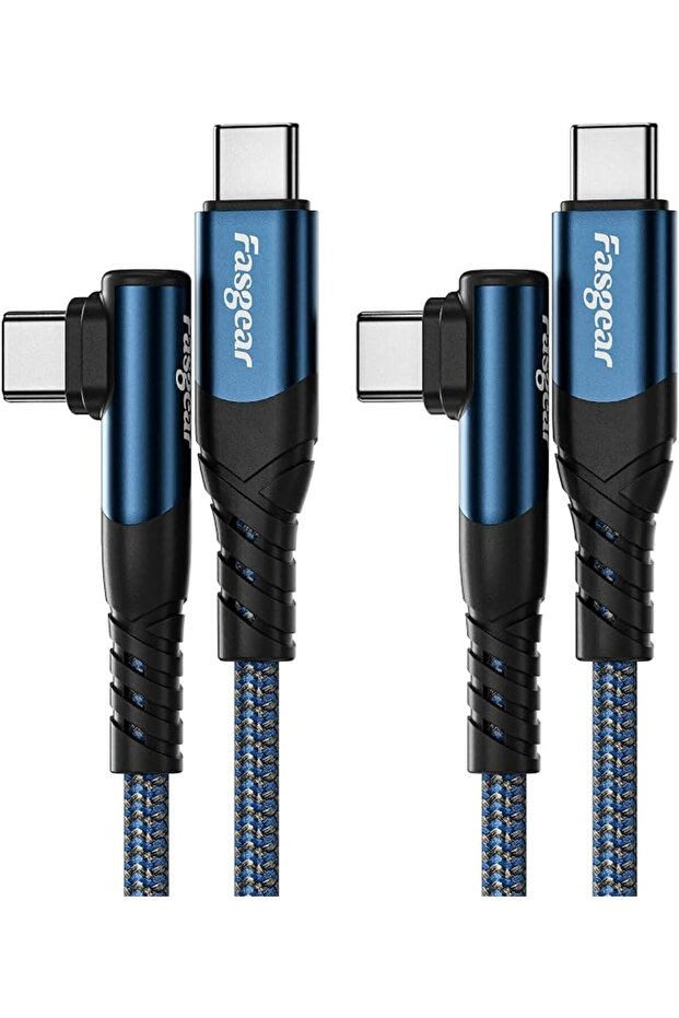 فاسجير كيبل USB C الى USB C، عبوة من قطعتين 1.8 متر 60 واط نوع C الى نوع C بزاوية قائمة 90 درجة، شاح
