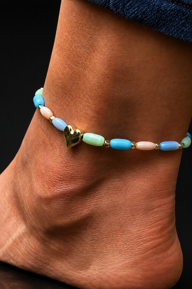 Bym364-1 Women's Pastel Colored Cat Eye Beaded Gold Heart Figured Anklet