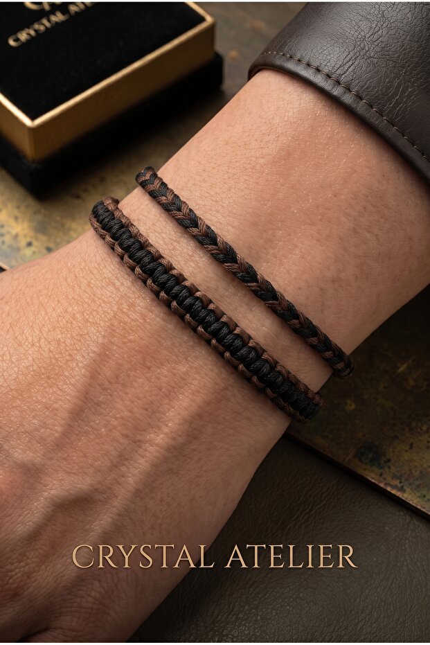 Brown Black Double Macrame Bracelet Set Adjustable Unisex Handmade Men's Women's Combination