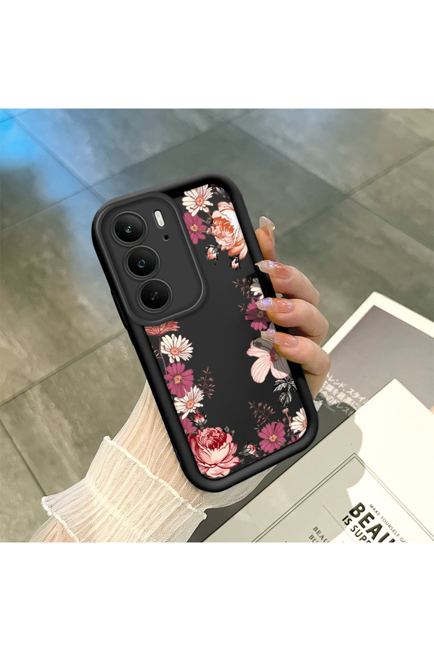Realme C75 4g Compatible Black Silicone Case Shockproof with Camera Protection Floral Pattern