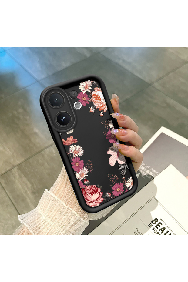 Vivo V60 Compatible Black Silicone Case Shockproof with Camera Protection Floral Pattern