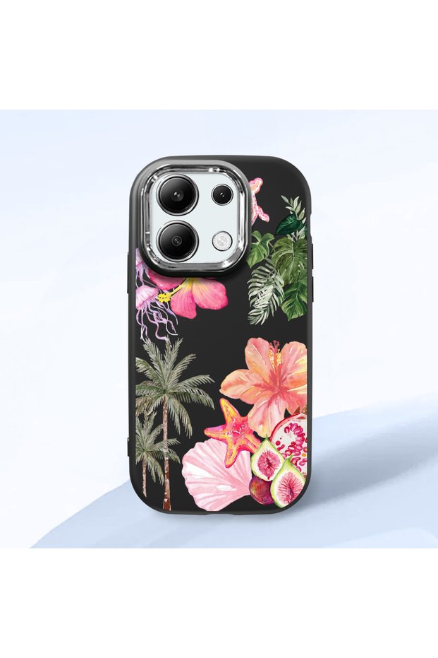 Redmi Note 13 4g Compatible Shock-Absorbing Camera Protected Black Silicone Case Floral Print