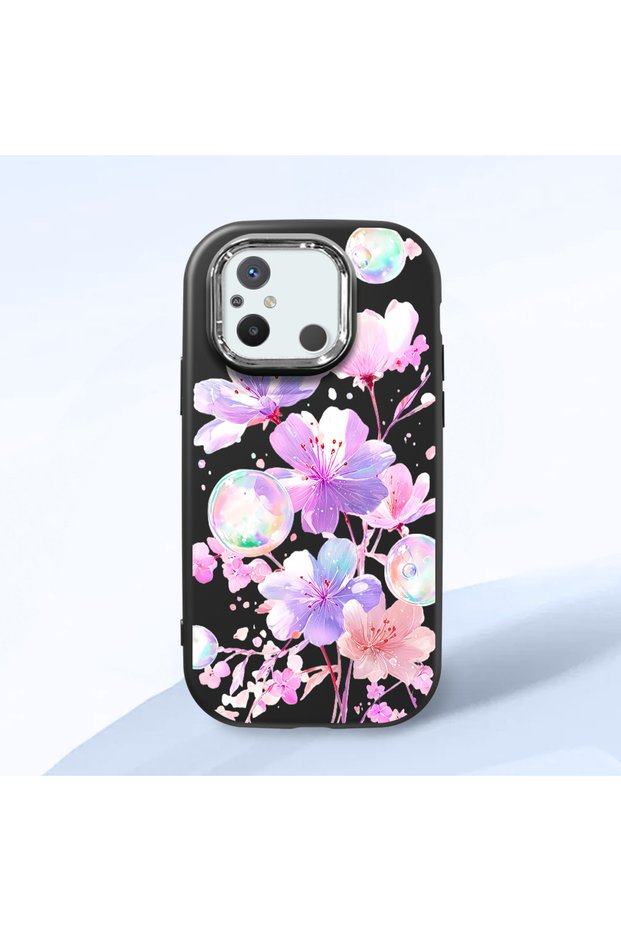 Redmi 12C Compatible Shock-Absorbing Camera Protected Black Silicone Case Floral Print