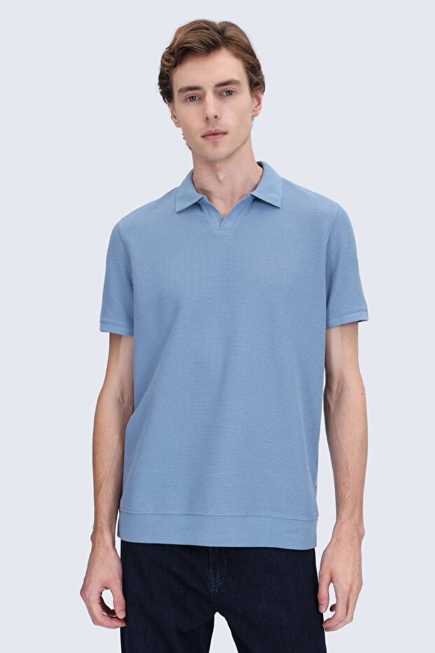 Blue Regular Fit Polo Collar Cotton T-Shirt