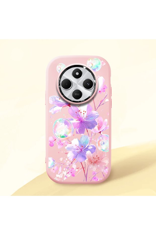 Redmi A4 Compatible Shock-Absorbing Camera Protected Pink Silicone Case Floral Print