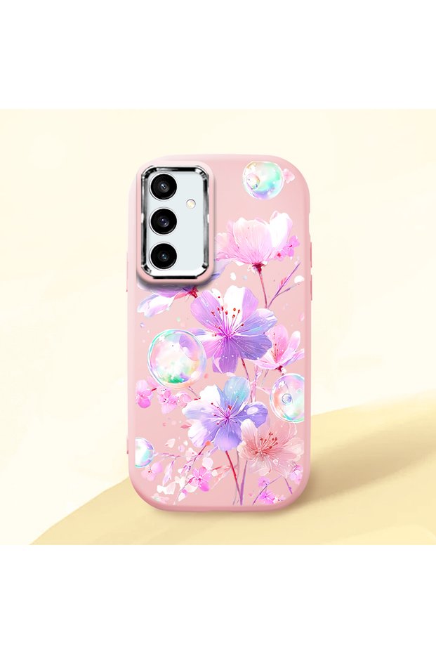 Samsung Galaxy S23 Fe Compatible Shock-Absorbing Camera Protected Pink Silicone Case Floral Print