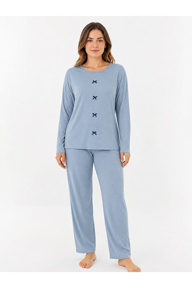 Plus size ribbed knit ice blue seasonal pajama set