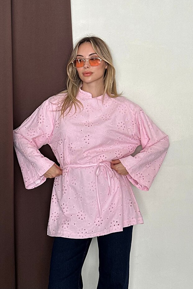 Women's Brode Embroidered Lined Blouse with Tie Detail