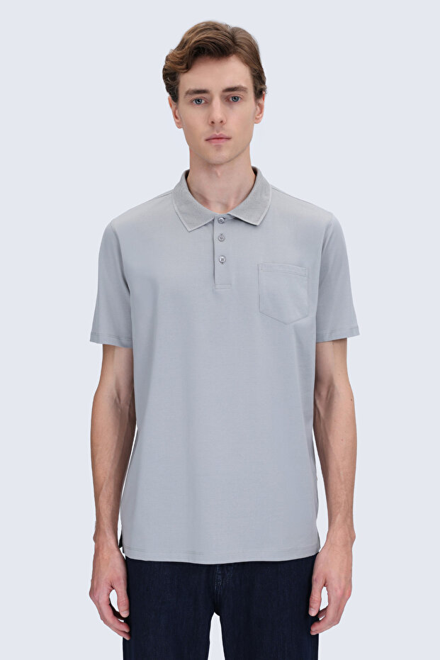 Gray Regular Fit Polo Collar 100% Mercerized Cotton T-Shirt