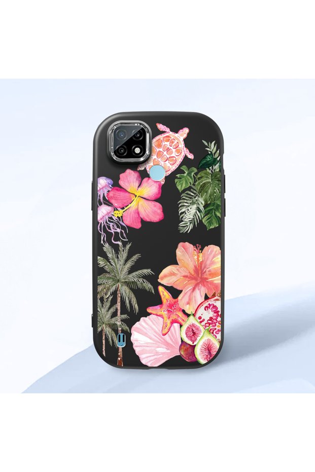 Realme C21 Compatible Shock-Absorbing Camera Protected Black Silicone Case Floral Print