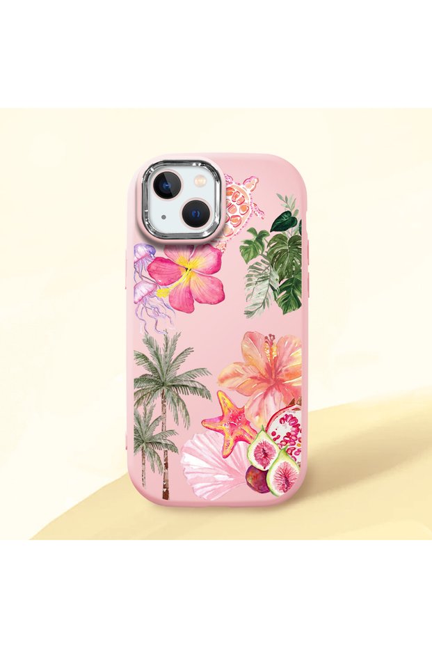 Pink Silicone Case with Shock-Absorbing Camera Protections Compatible with iPhone 14 Plus/15 Plus Floral Print