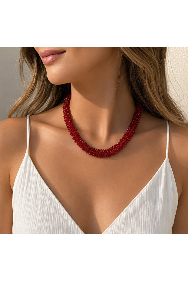 Women's Red Crystal Bead Handmade Knitted Necklace Bijouterie Gift Accessory