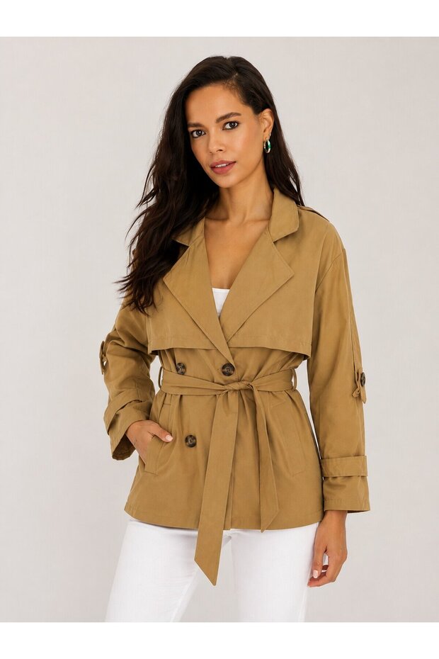 Women's Camel Belted Trench Coat – Buttoned Seasonal Oversize Model