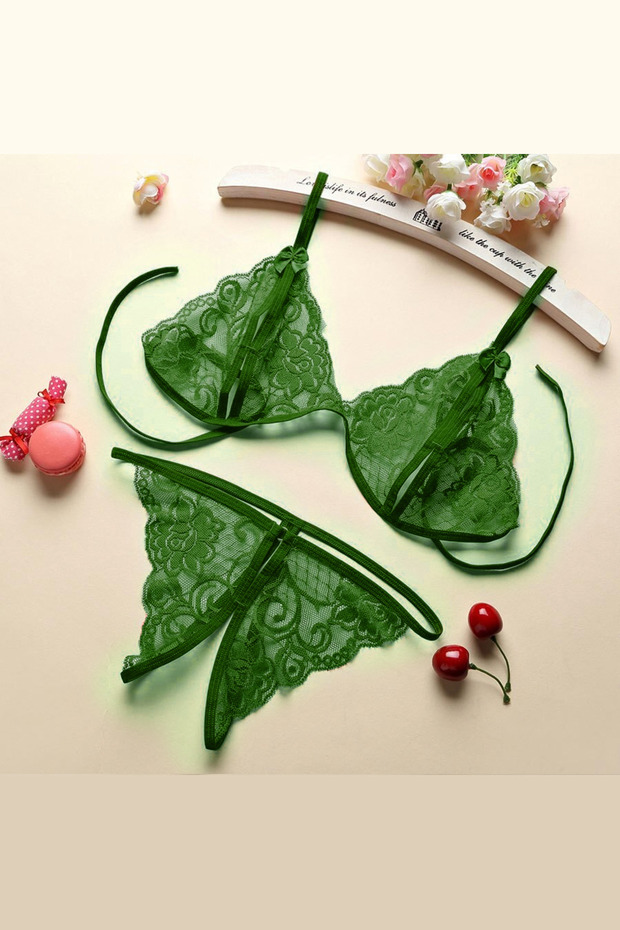 Women's Green Lace Bra Panty Set H110297