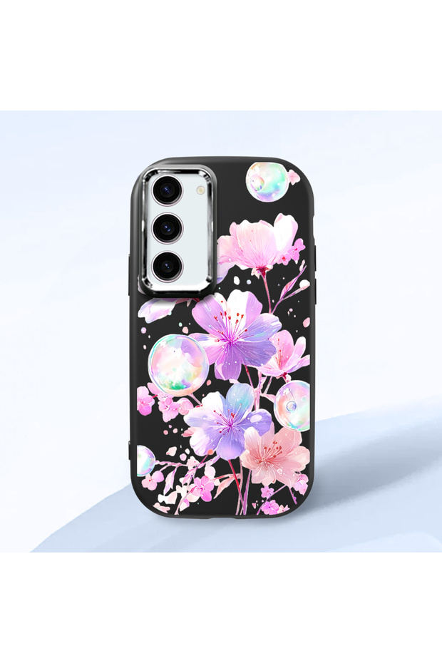 Samsung Galaxy S23 Compatible Shock-Absorbing Camera Protected Black Silicone Case Floral Print
