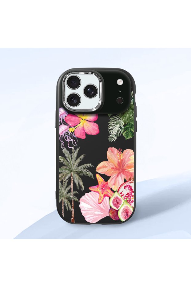 حافظة سيليكون سوداء متوافقة مع هاتف iPhone 17 Pro Max مع حماية للكاميرا ماصّ للصدمات بنقشة زهور