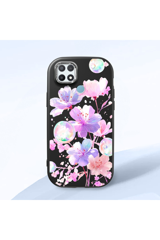 Oppo A15/A15S Compatible Shock-Absorbing Camera Protected Black Silicone Case Floral Print
