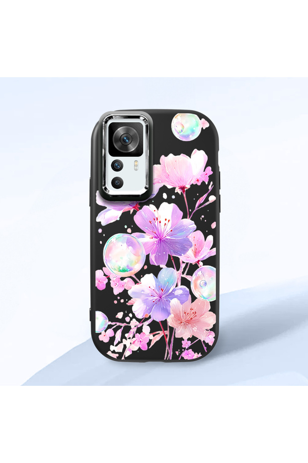 Redmi K50 Ultra Compatible Shock-Absorbing Camera Protected Black Silicone Case Floral Print