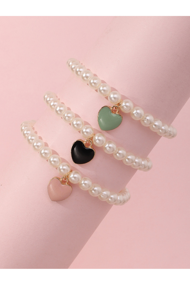 Pack of 3 - Girls Pearl Beads Heart Charm Bracelets