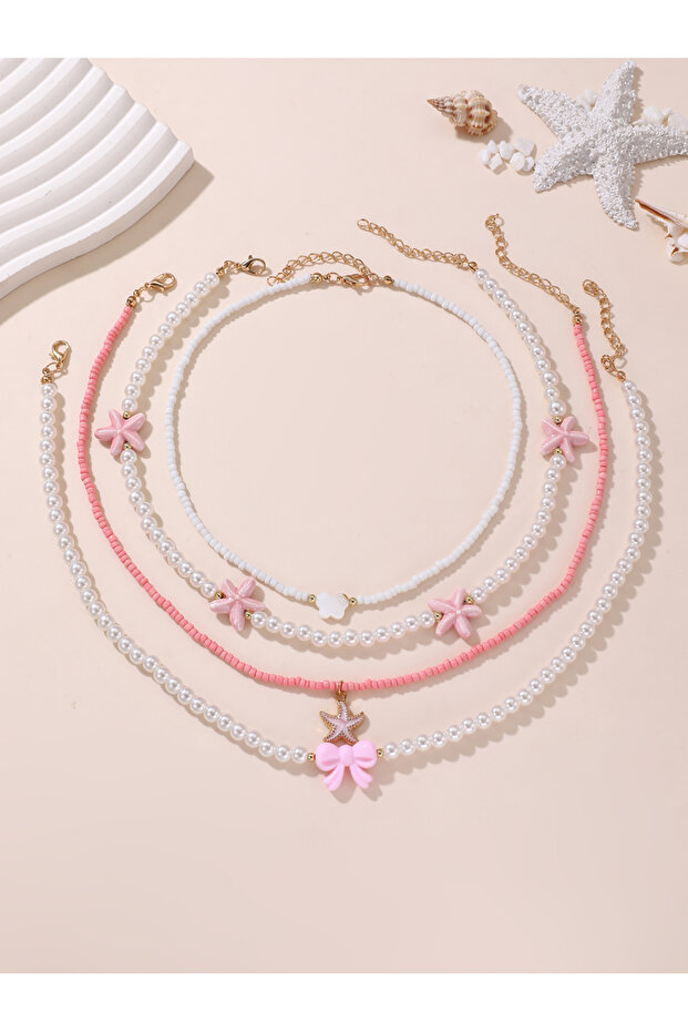 Pack of 4 - Girls Multi-Color Beaded Necklaces with Starfish and Bow Charms