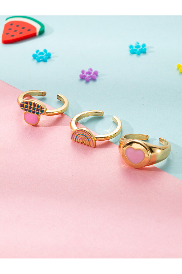 Girls Set of 3 - Heart Rainbow Design Rings