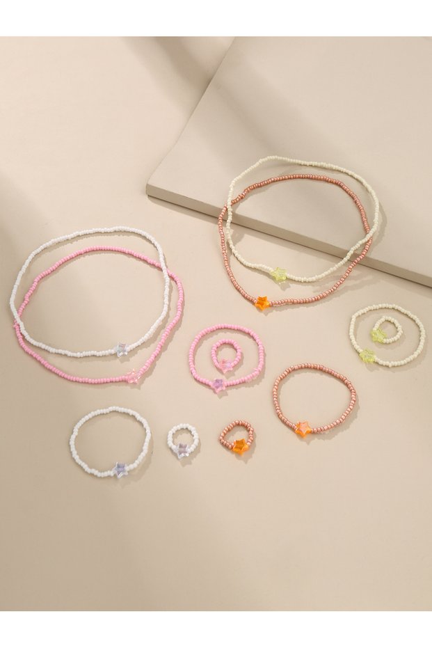 Pack of 12 - Girls Multi-Color Star Charm Beaded Jewelry Set