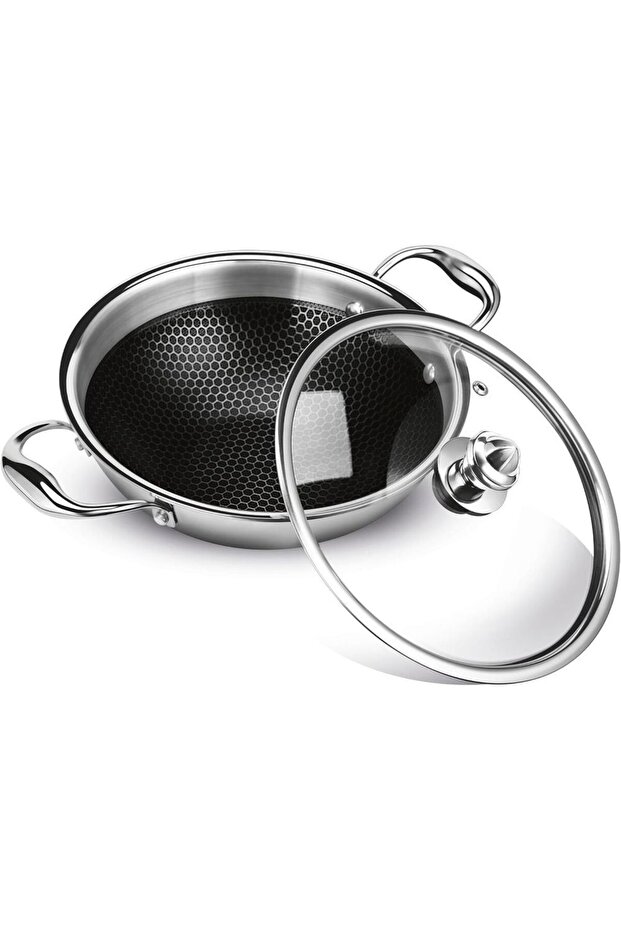 Pro Cook Triply Hexa Tech Kadhai W/gl. Lid 26CM, Silver, Stainless Steel, Glass