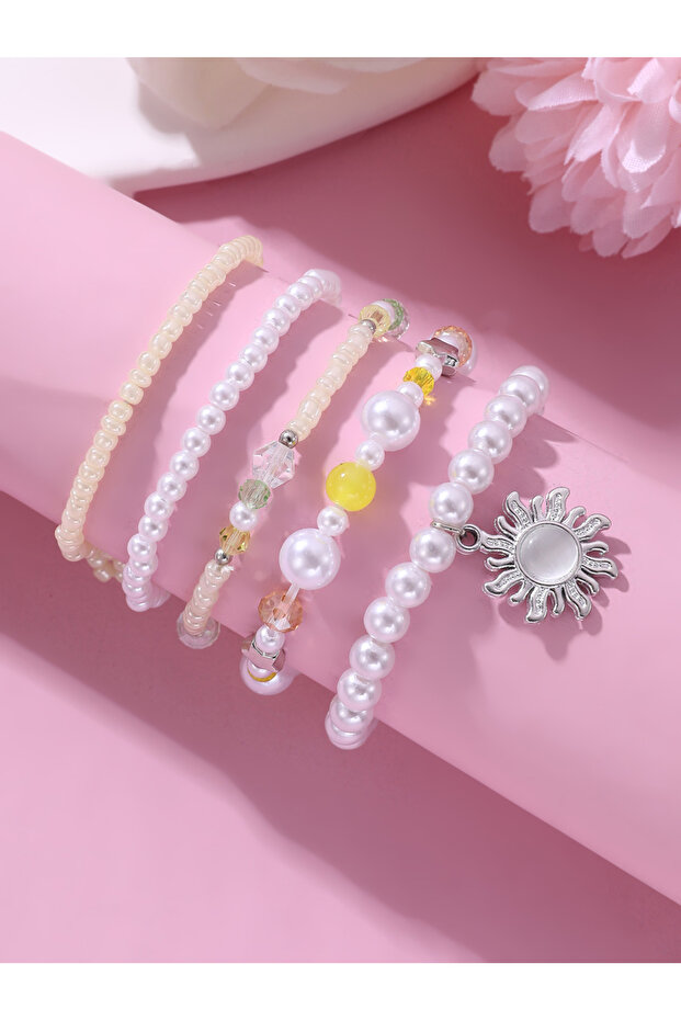 Pack of 5 - Girls Multi-Color Pearl Beaded Bracelets with Sun Charm