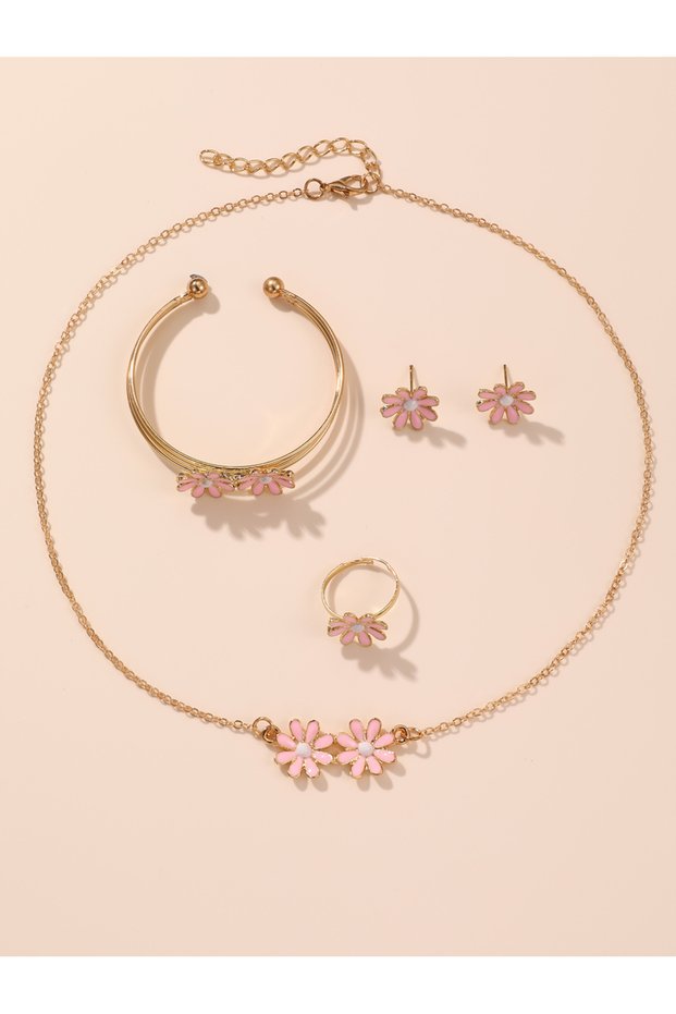 Girls Pink Flower Charm Necklace, Bracelet, Ring and Earrings Set