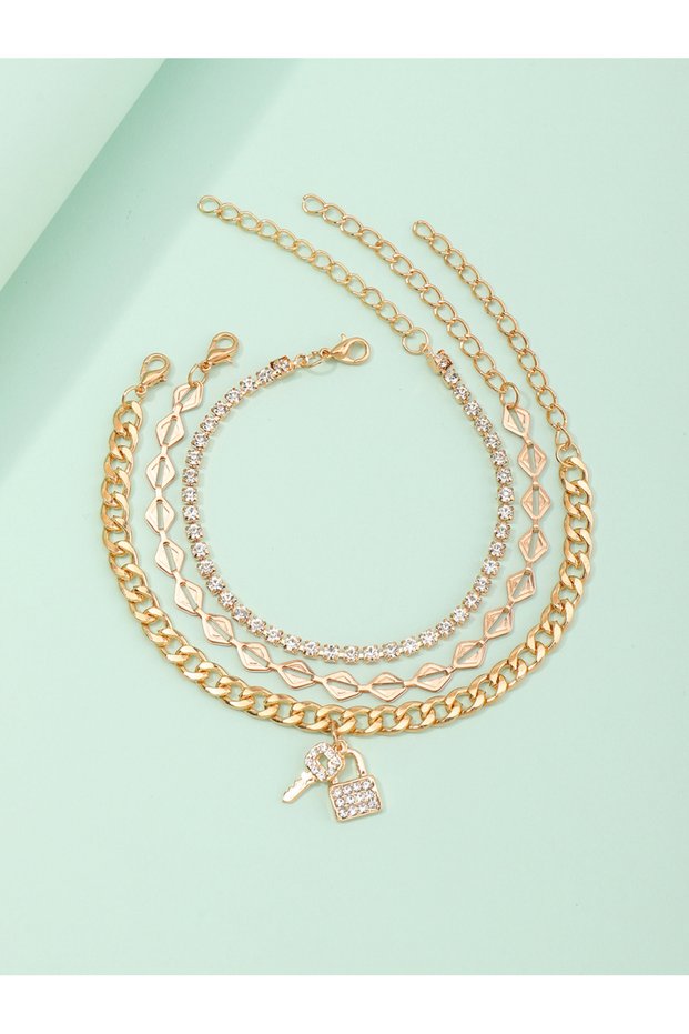 Pack of 3 - Girls Gold-Tone Chain Bracelets with Rhinestone Embellishments