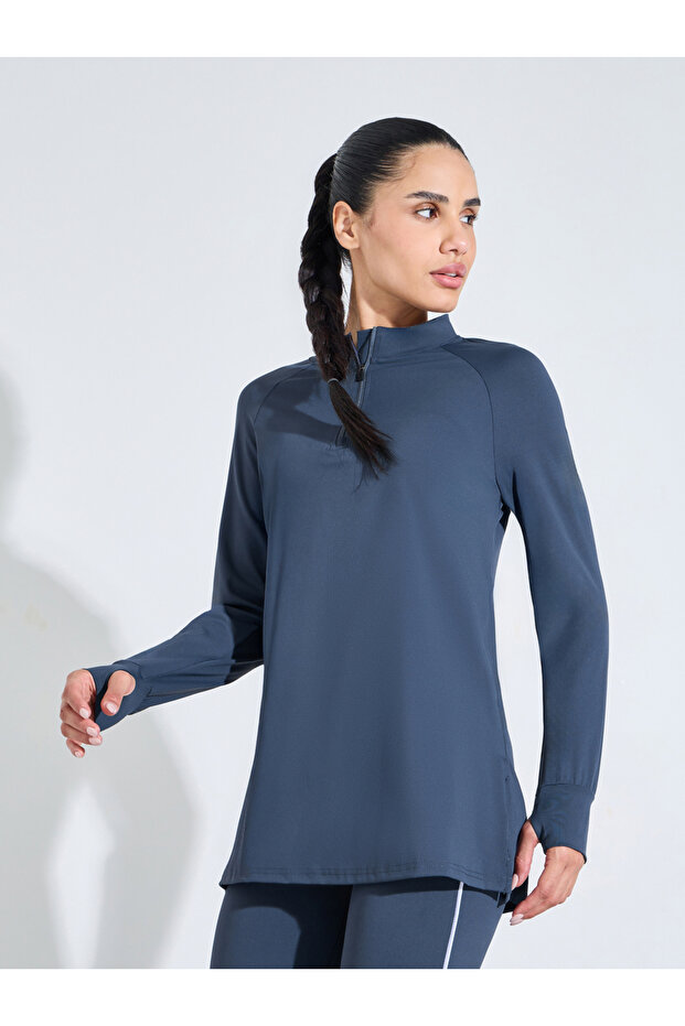 Navy Blue Solid Longline Activewear Half-Zip Top
