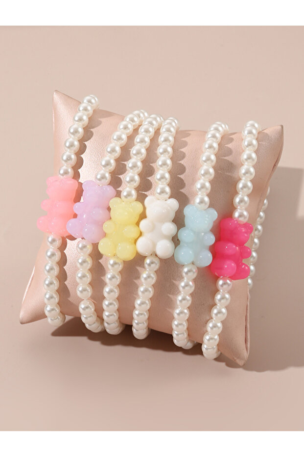 Pack of 6 - Gilrs Multi-Color Pearl Beaded Bracelets with Bear Charms