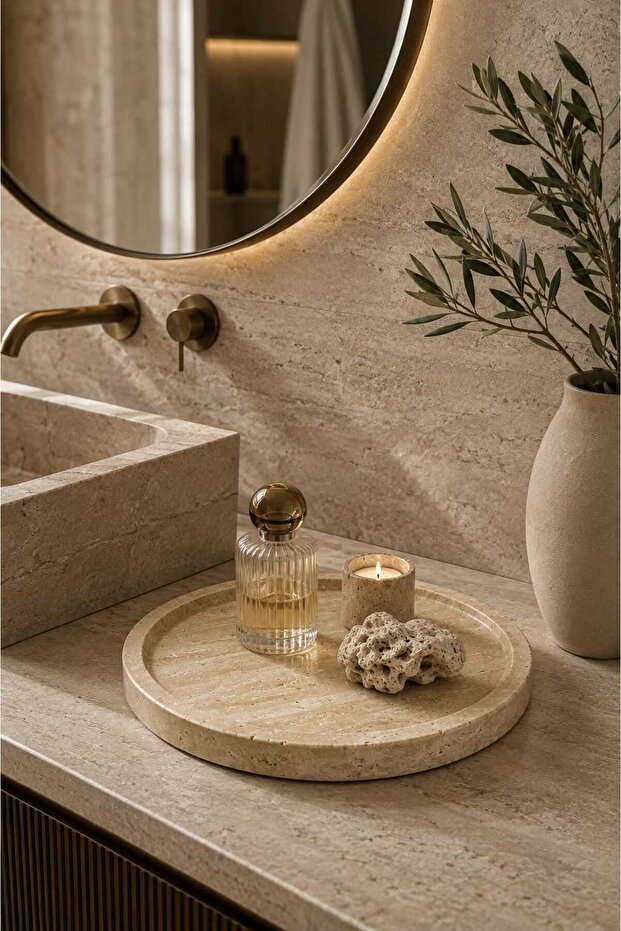 25 cm Round Travertine Marble Decorative Tray Living Room Bathroom Bedroom