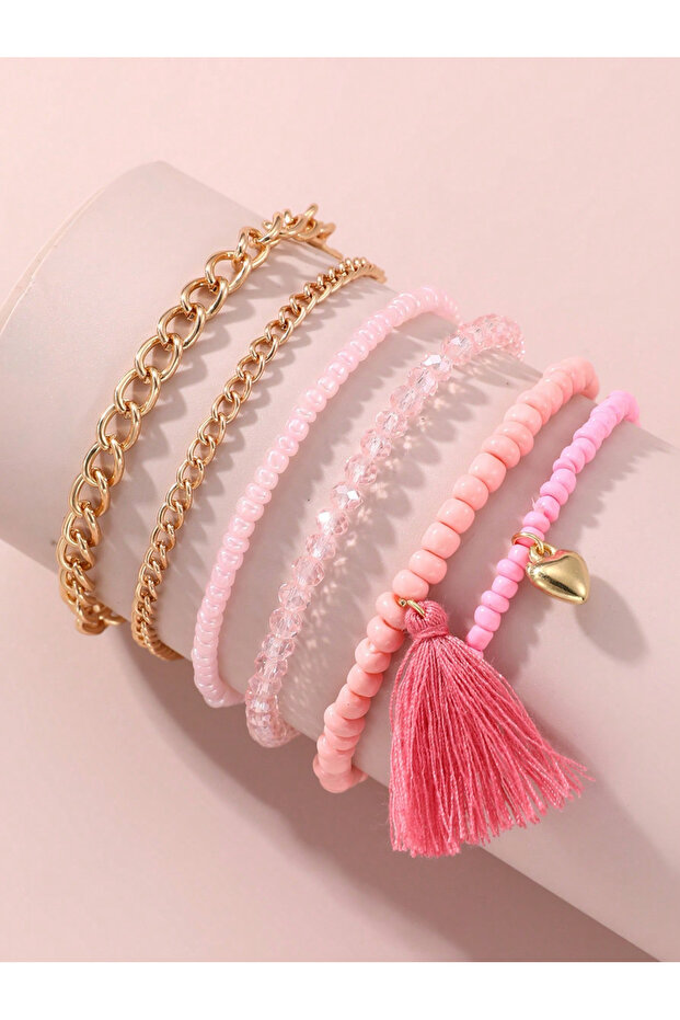 Pack of 6 - Girls Multi-Color Beaded and Chain Bracelets