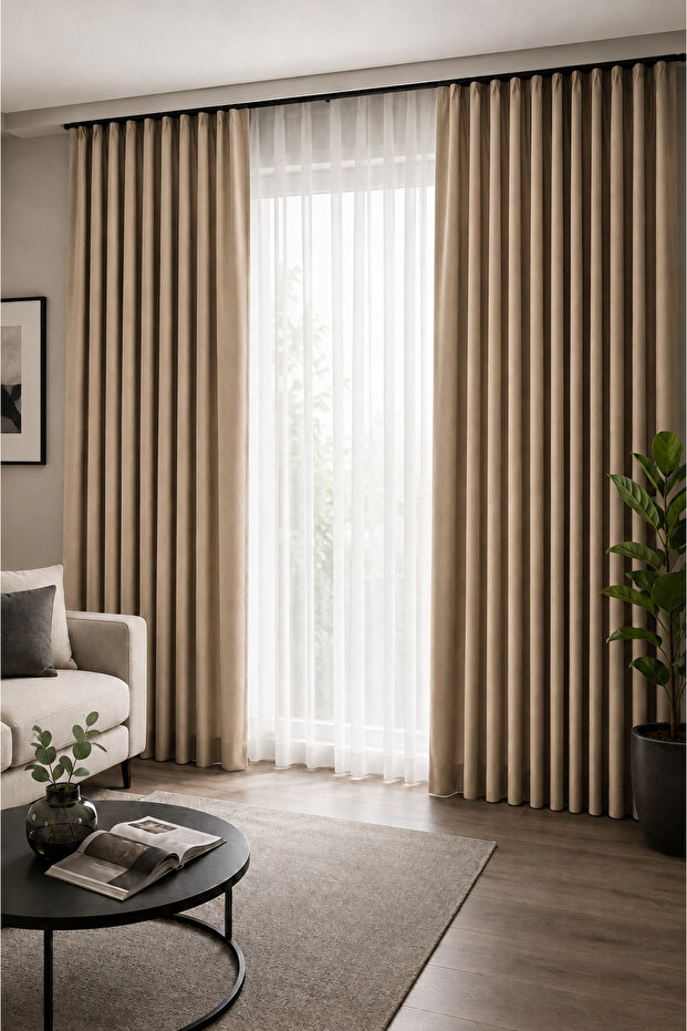 Beige Single Wing Cornice Blackout Background Curtain, Light-Proof, Blackout and Sun Blocking Curtain