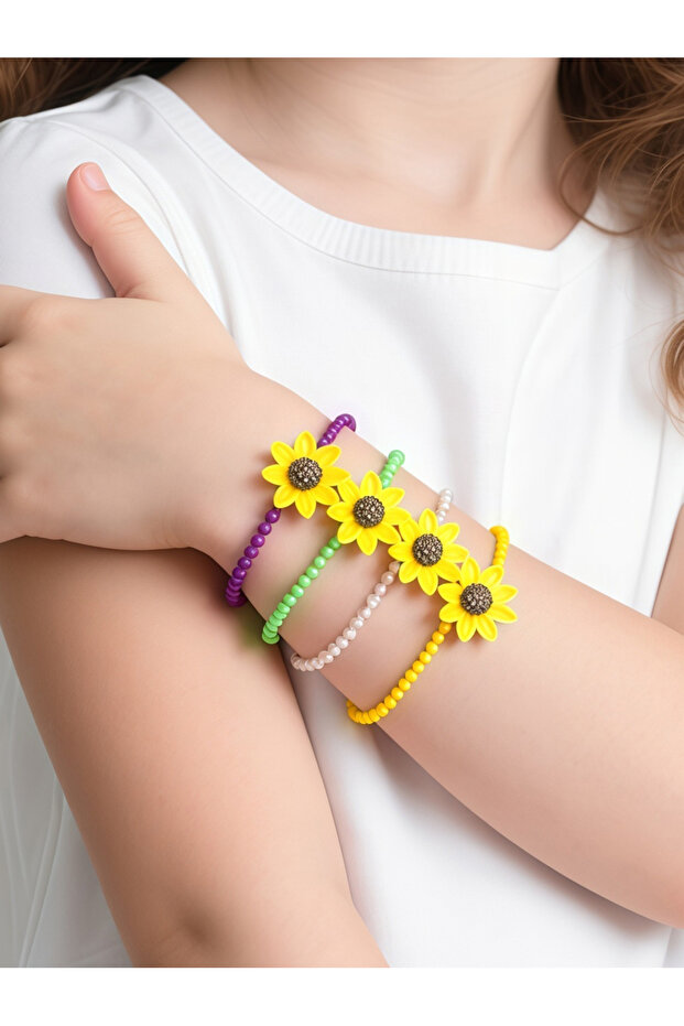 Pack of 4 - Girls Multi-Color Sunflower Charm Beaded Bracelets