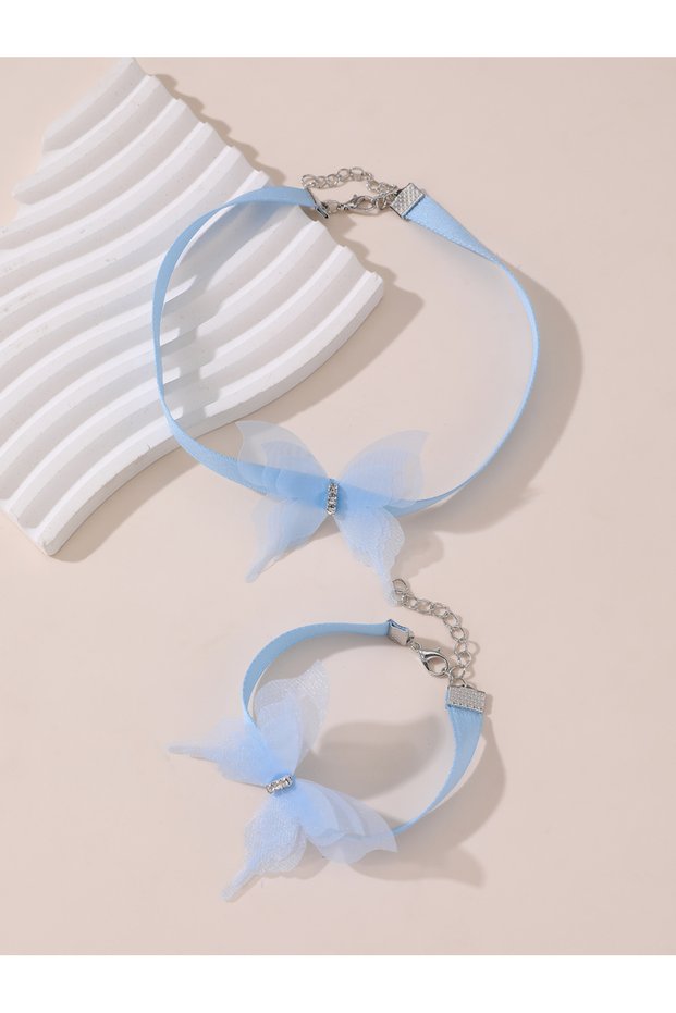 Girls Blue Lace Butterfly Charms Choker Necklace and Bracelet Set