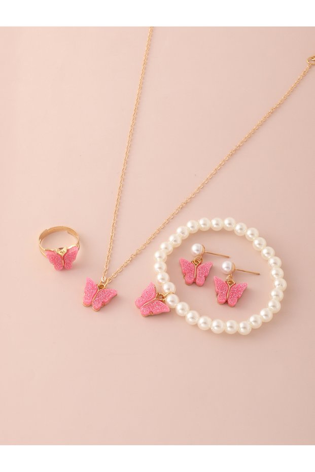 Girls Pink Sequin Butterfly Charm Necklace, Earrings, Ring and Pearl Bracelet Set