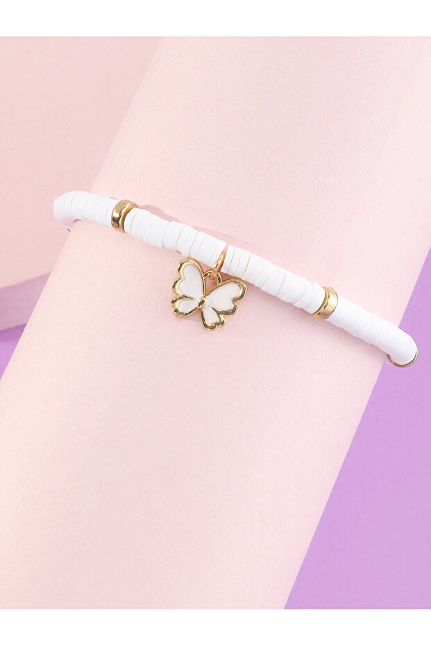 Girls White Beaded Bracelet with Butterfly Charm