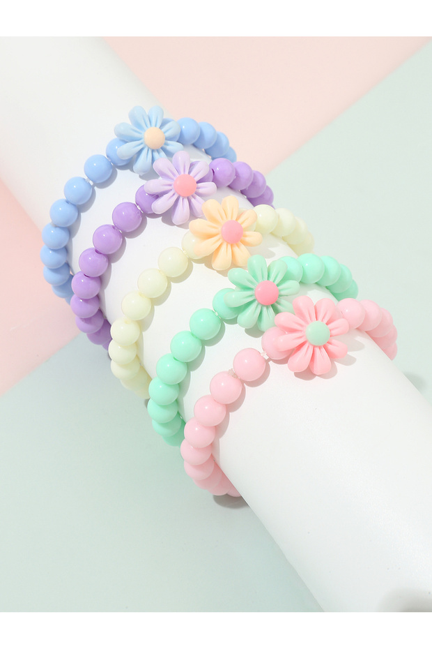 Pack of 5 - Girls Multi-Color Pastel Beaded Bracelets with Flower Charms