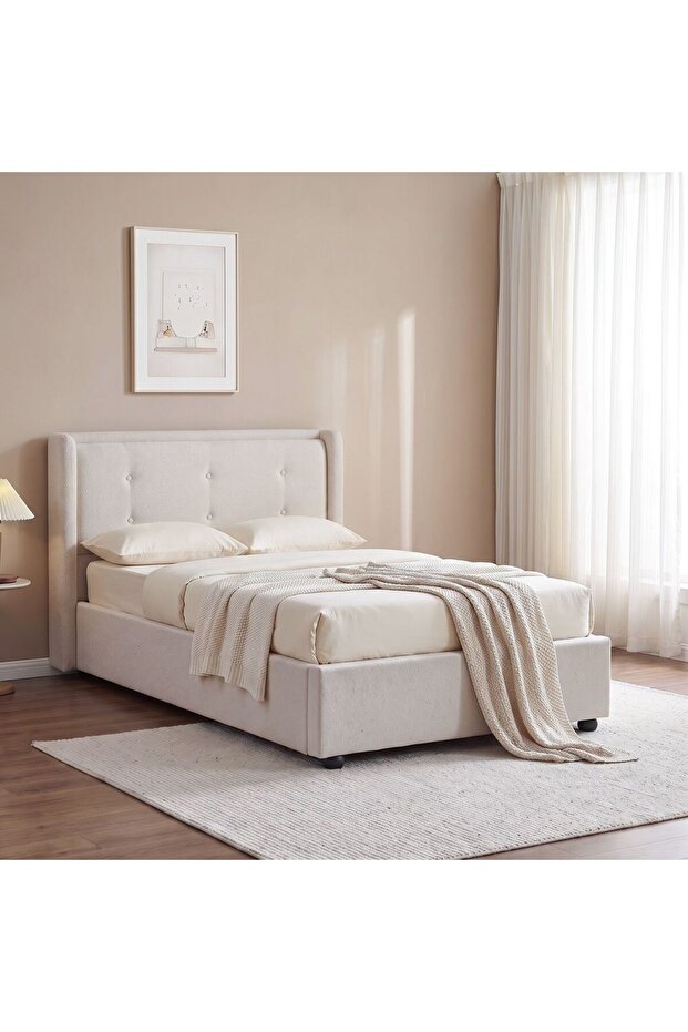 Maxillux TuftUpholstered Kids Bed With Hydraulic Storage + Usb-beige, Engineered Wood, Fabric