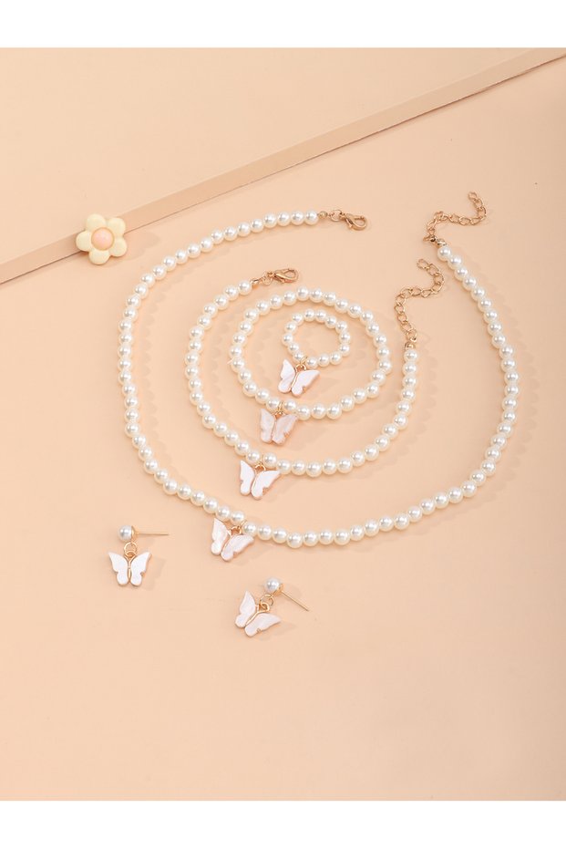 Pack of 5 - Girls White Butterfly Charm Pearl Necklace, Bracelet, Ring and Earrings Set
