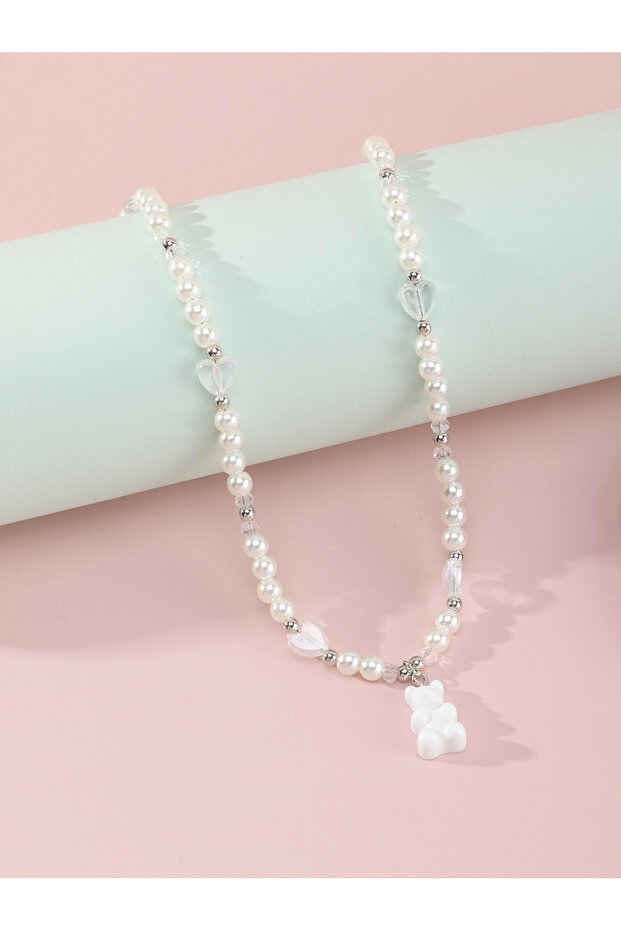 Girls Multi-Color Bear and Hear Charms Pearl Beaded Necklace