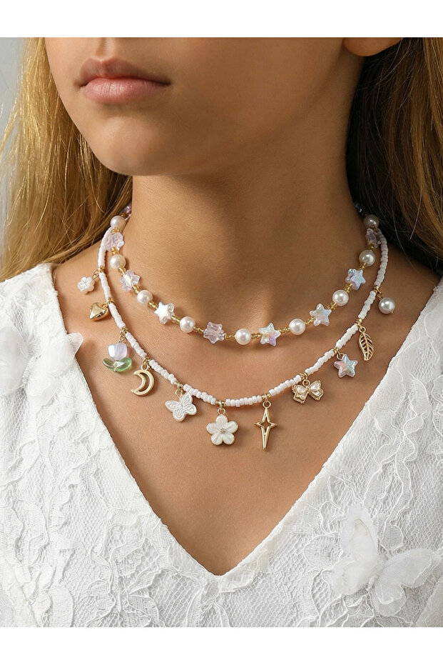 Pack of 2 - Girls Multi-Color Beaded Charm Necklaces