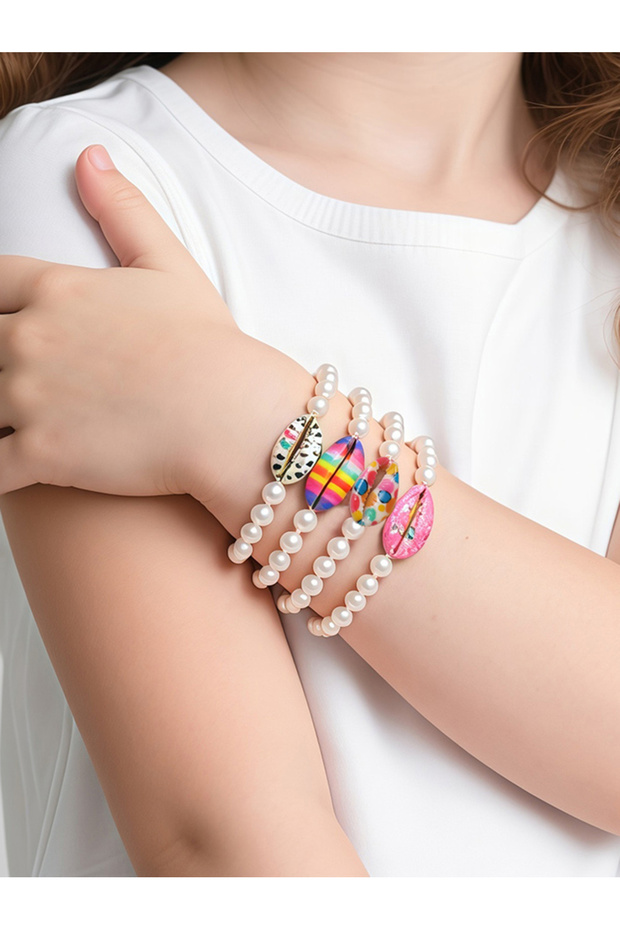 Pack of 4 - Girls White Pearl and Shell Bracelets