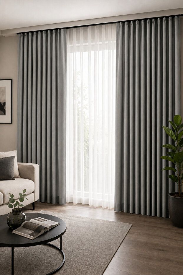 Gray Single Wing Cornice Blackout Background Curtain, Light-Proof, Blackout and Sun-Blocking Curtain