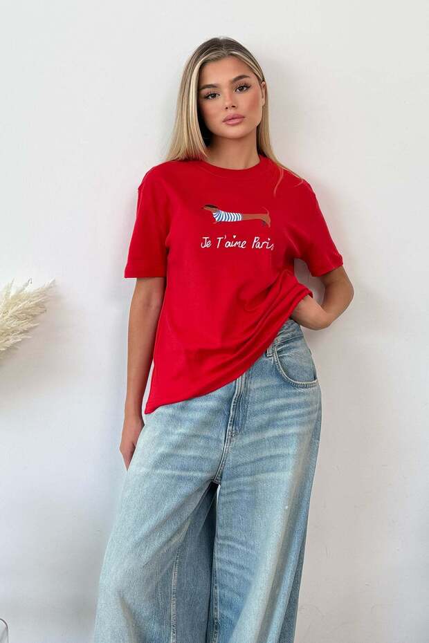 Women's crew neck dog print t-shirt red - 26y 2222