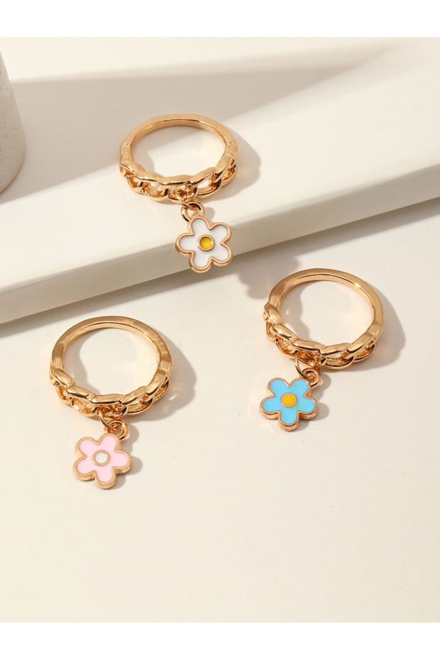 Girls Set of 3 - Flower Charm Rings