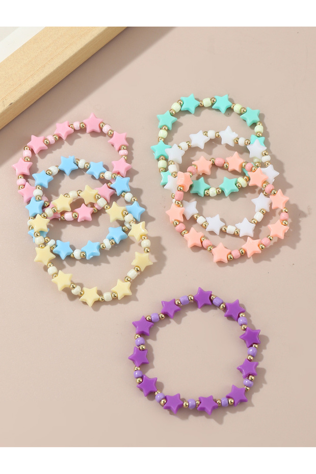 Pack of 7 - Girls Multi-Color Pastel Star Beaded Bracelets